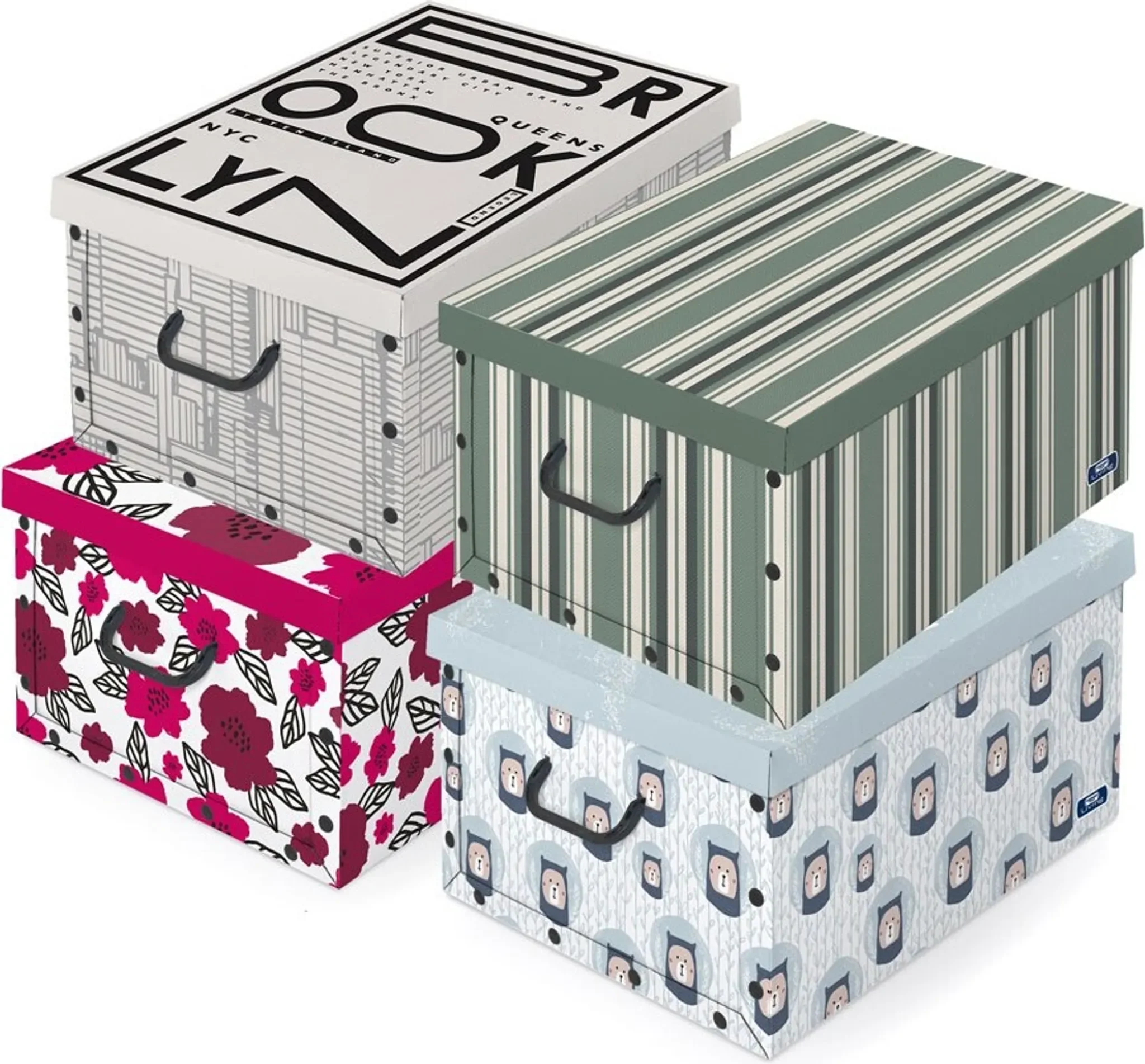 Domopak Aufbewahrungsbox mit Deckel und Griffen – bedruckt mit Inschriften